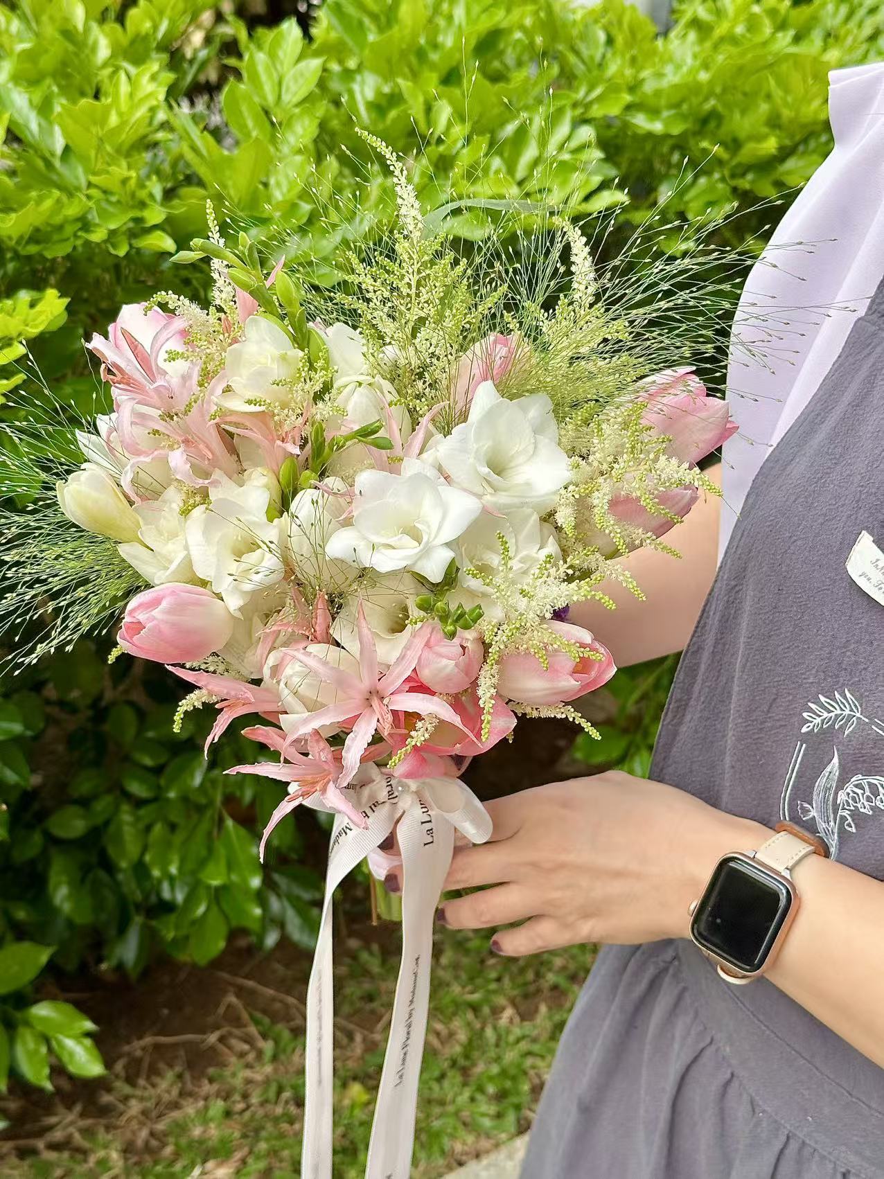 「All For Love」Bridal Bouquet - Tulips Pink & White Color Theme
