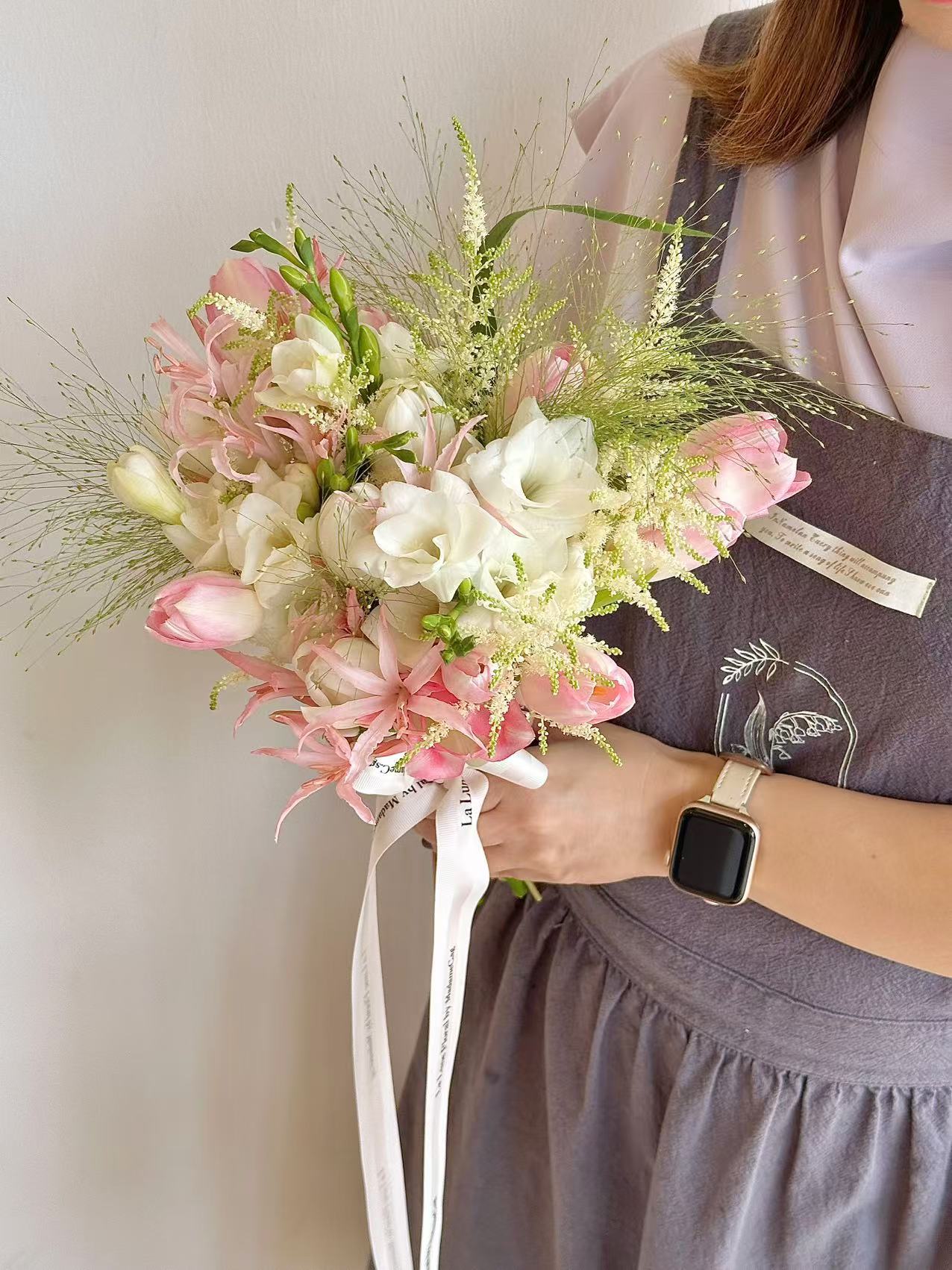 「All For Love」Bridal Bouquet - Tulips Pink & White Color Theme